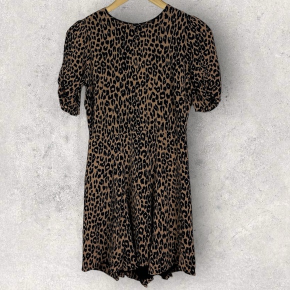 Reformation Leopard Print Gracie Dress Size 12 Ruched Short Sleeves Boho Mini - Picture 14 of 16